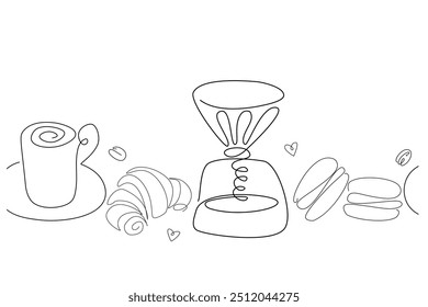Keks und Kaffee Linie Grenze. Donut, Croissant, Tasse und Aromabohne. Vektorgrafik. Bäckerei und Café abstraktes Symbol
