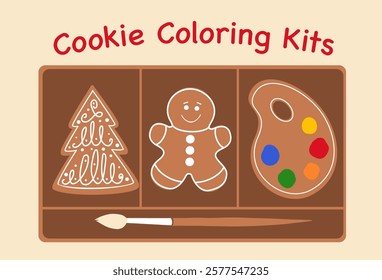 "Cookie Coloring Kits" set in box with Christmas tree cookie, a gingerbread man cookie, a palette with colorful paint spots, and a brush for home coloring 