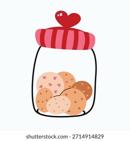 Cookie container filled with biscuit, decorated with heart details. Glass jar with a pink-red striped lid. Isolated on white background. 