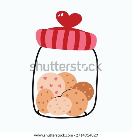 Cookie container filled with biscuit, decorated with heart details. Glass jar with a pink-red striped lid. Isolated on white background. 