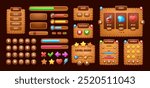 Cookie cracker game interface. Ui game elements, including cartoon windows, options, settings plates, progress bars and gui icons. User panels, boards, sliders, keys, buttons and user interface menus