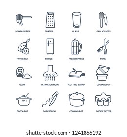 cookie cutter, Cooking pot, Corkscrew, crock-pot, custard cup, honey dipper, Frying pan, Flour, French press outline vector icons from 16 set