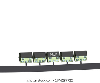 Cookie cutter house type isolated on white background, one house give a sign that need help