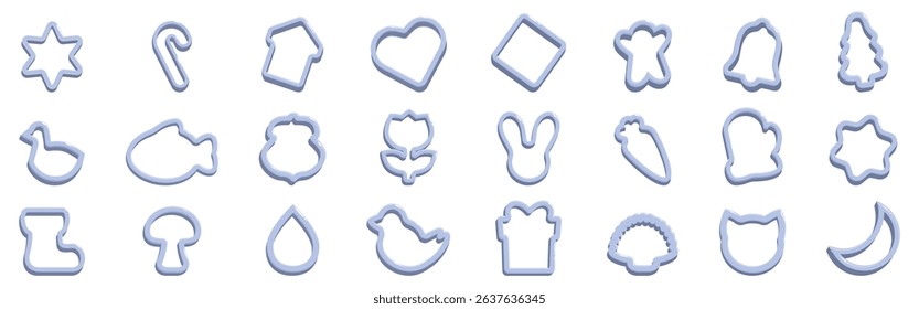 Cookie cutter icons set. Collection of pastel blue cookie cutters representing various shapes, ideal for baking cookies and creating confectionery
