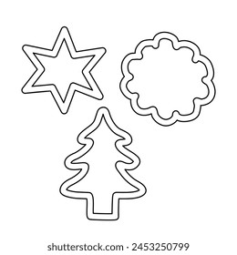 Cookie cutters in different shapes, star, round, Christmas tree, vector outline for coloring book