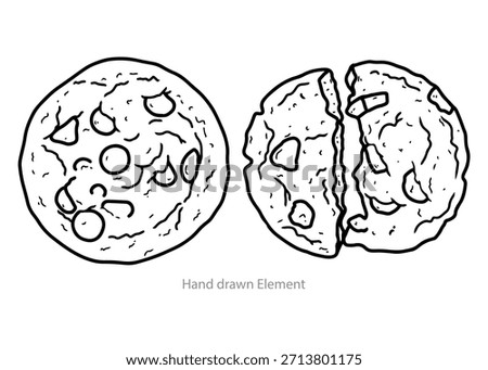 Cookie Delight: A charming, hand-drawn illustration showcases two delectable chocolate chip cookies, one whole and one split, offering a tempting glimpse of deliciousness.