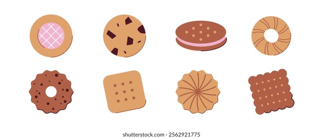 Cookie dessert collection. Sweet biscuits. Pastries with jam and chocolate chip. Vector illustrations isolated on white background