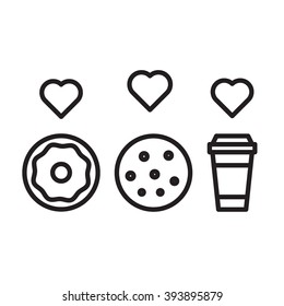 Cookie and donut with coffee and hearts cup vector outline icon on white background. For cafe and restaurant