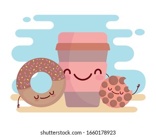 cookie donut and disposable coffee cup menu character cartoon food cute vector illustration