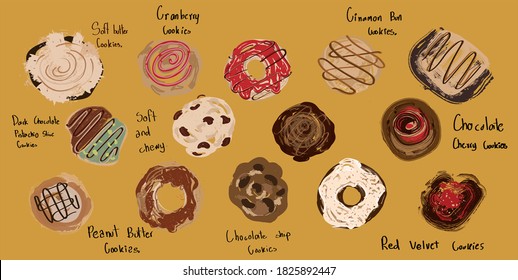 Cookie and donut icon collection - vector color illustration.