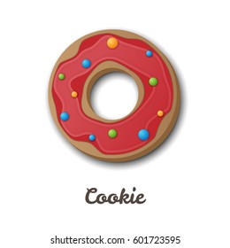 Cookie or donut vector illustration. Round-shaped homemade cookie with red glaze and colorful sugar bubbles. Isolated on white background.