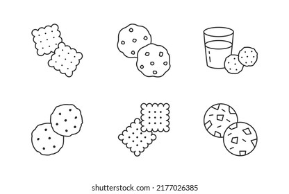 Ilustración de doodle de galleta de la galleta de la galleta del azúcar fresco, crujido crujiente, vaso de leche, pastelería, bocadillo. Arte de líneas delgadas sobre productos de confitería. Stroke Editable