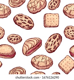 Cookie dough baked with chocolate flakes, repetitive background. Seamless pattern of biscuits.