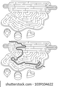 Cookie dough maze for kids with a solution in black and white