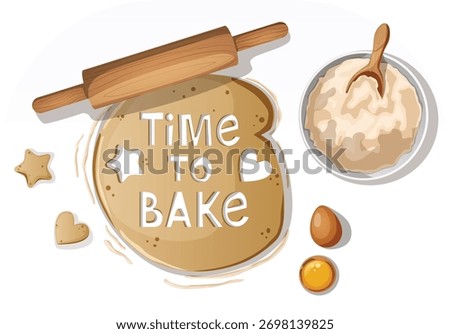 Cookie Dough with Time to Bake Lettering Cutout, Rolling Pin, Eggs, and Flour Bowl – Baking Overhead Illustration for Recipe Cards, Culinary Projects, and Food Blogs