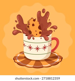 Una galleta cae en una taza festiva de chocolate caliente creando un chapoteo alegre perfecto para Navidades y temas de vacaciones para los amantes de las bebidas calientes. Estilo de Vector de dibujos animados.