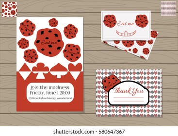 Cookie Eat Me Alice in Wonderland. Set Collection of Invitation card, Thank you Note, Business Card. Printable Vector Illustration for Graphic Projects, Parties, Web, Celebrations. Wooden Background