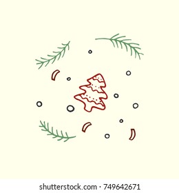 Cookie with falling confetti, fir tree branches. Christmas and New Year greeting card in free hand style.