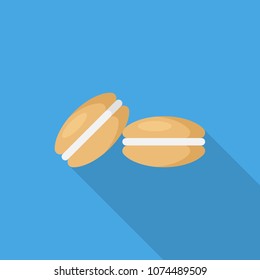 Cookie flat icon with long shadow isolated on blue background. Simple Cookie in flat style, vector illustration for web and mobile design. Sweets vector sign symbol.