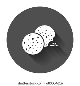 Cookie flat vector icon. Chip biscuit illustration. Dessert food pictogram on black round background with long shadow.