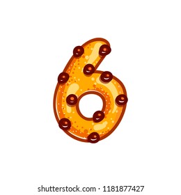 Cookie font with chocolate chips isolated on white background.  Christmas alphabet. Vector cartoon character. Sweet biscuit six number symbol. 
