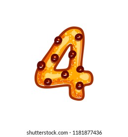 Cookie font with chocolate chips isolated on white background.  Christmas alphabet. Vector cartoon character. Sweet biscuit four number symbol. 
