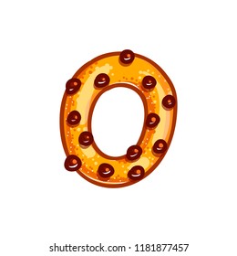 Cookie font with chocolate chips isolated on white background.  Christmas alphabet. Vector cartoon character. Sweet biscuit zero number symbol. 