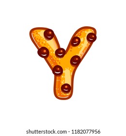 Cookie font with chocolate chips isolated on white background.  Christmas alphabet. Vector cartoon character. Sweet biscuit y letter symbol. 