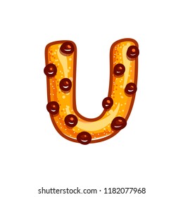 Cookie font with chocolate chips isolated on white background.  Christmas alphabet. Vector cartoon character. Sweet biscuit u letter symbol. 