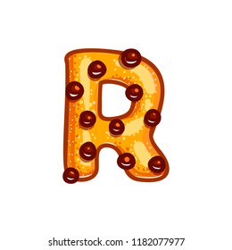 Cookie font with chocolate chips isolated on white background.  Christmas alphabet. Vector cartoon character. Sweet biscuit R letter symbol. 