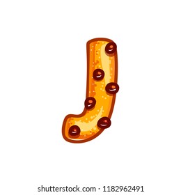 Cookie font with chocolate chips isolated on white background.  Christmas alphabet. Vector cartoon character. Sweet biscuit J letter symbol. 
