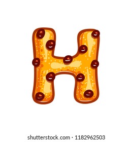 Cookie font with chocolate chips isolated on white background.  Christmas alphabet. Vector cartoon character. Sweet biscuit H letter symbol. 