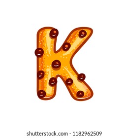 Cookie font with chocolate chips isolated on white background.  Christmas alphabet. Vector cartoon character. Sweet biscuit K letter  symbol. 