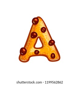Cookie font with chocolate chips isolated on white background.  Christmas alphabet. Vector cartoon character. Sweet biscuit A letter symbol. 