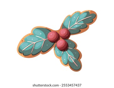 Cookie in the form of holly isolated on white background. Christmas and new year concept element. Vector illustration.
