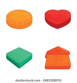 Cookie form icons set cartoon vector. Various colorful cookie cutter. Baking accessory