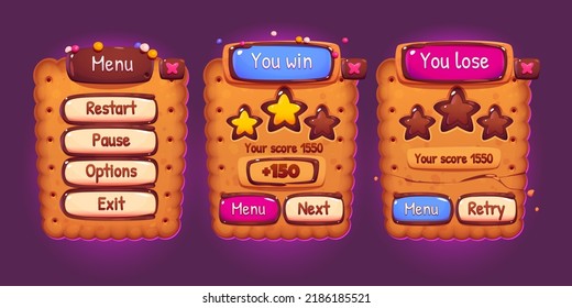 Cookie game interface cartoon set. Vector illustration of ui elements, menu, player level score, win, lose banners and options buttons. Creative collection of mobile and computer app window design