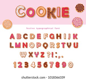 Cookie hand drawn decorative font. Cartoon sweet ABC letters and numbers. For birthday or Valentines day cards, cute design for girls.