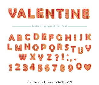 Cookie hand-drawn decorative font. Sweet cartoon ABC letters and numbers. Perfect for Valentines day design. Vector