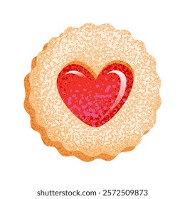 Cookie with heart shaped jam. Sweet love symbol. Linzer cookie with sugar powder for Happy Valentine's Day, Christmas, New Year cards, stickers, wrapping paper, and banners. Vector illustration.