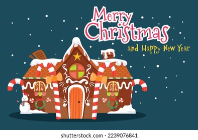 Cookie house greeting card with so many candy and Christmas decoration.