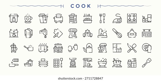 Cookie-Icon-Sammlung. Minimalistische lineare Symbole. Enthalten lineare Zeichen Essen, Kuchen, Teig, Bäcker, süß, Koch, Bäckerei. Vektorgrafik und Illustration. Backen und Gebäck verwandten Symbolsatz.