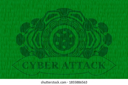 cookie icon and cyber attack text green turf grass realistic emblem. Eco fancy background. Illustration. 