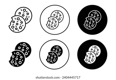 Cookie icon. delicious yummy chocolate topping bakery food item for breakfast and snack. traditional sweet homemade cookie biscuit chips dessert logo symbol. handmade cookies with bite doodle vector