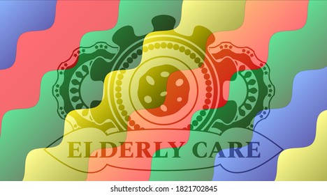 cookie icon and Elderly care text Colorful multicolored realistic emblem. Curvy luxurious background. Intense illustration. 