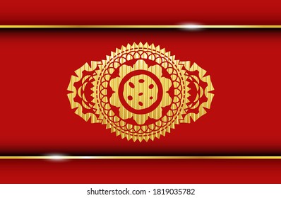 cookie icon inside Gold and Red realistic emblem. Traditional delicate background. Artistic illustration. 