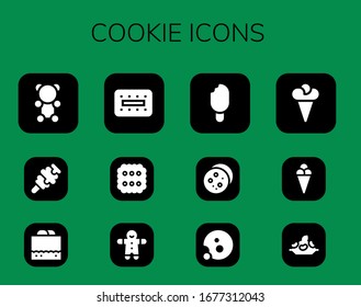cookie icon set. 12 filled cookie icons.  Simple modern icons such as: Gummy bear, Ice cream, Chocolate fudge, Biscuit, Gingerbread, Cookie, Rice