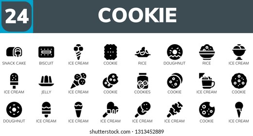 cookie icon set. 24 filled cookie icons.  Simple modern icons about  - Snack cake, Biscuit, Ice cream, Cookie, Rice, Doughnut, Jelly, Cookies