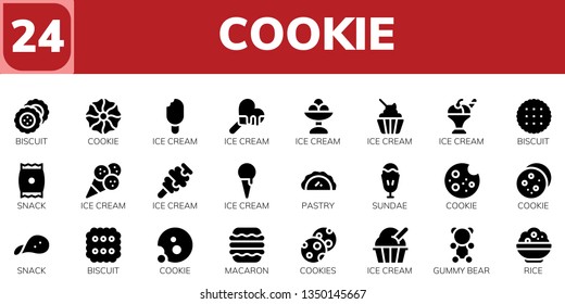 cookie icon set. 24 filled cookie icons.  Simple modern icons about  - Biscuit, Cookie, Ice cream, Snack, Pastry, Sundae, Macaron, Cookies, Gummy bear, Rice