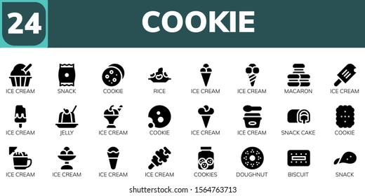 cookie icon set. 24 filled cookie icons.  Simple modern icons about  - Ice cream, Snack, Cookie, Rice, Macaron, Jelly, Snack cake, Cookies, Doughnut, Biscuit